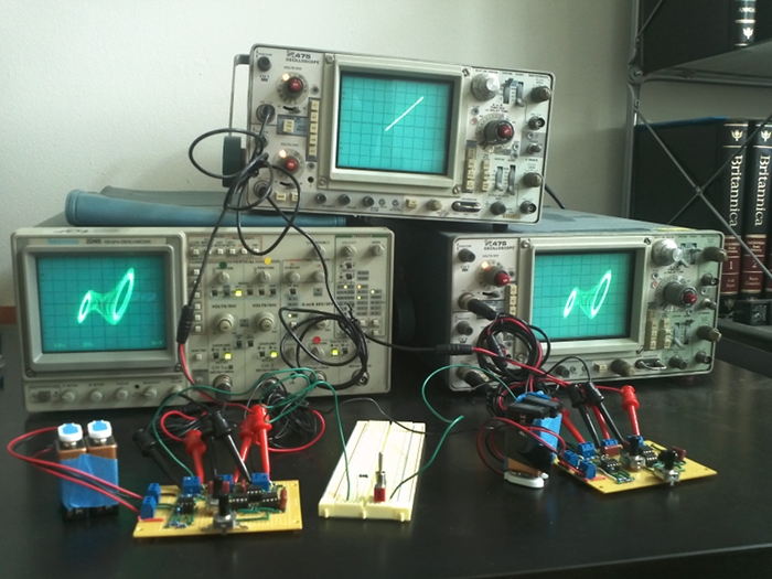 two synchronized circuits on oscilloscopes